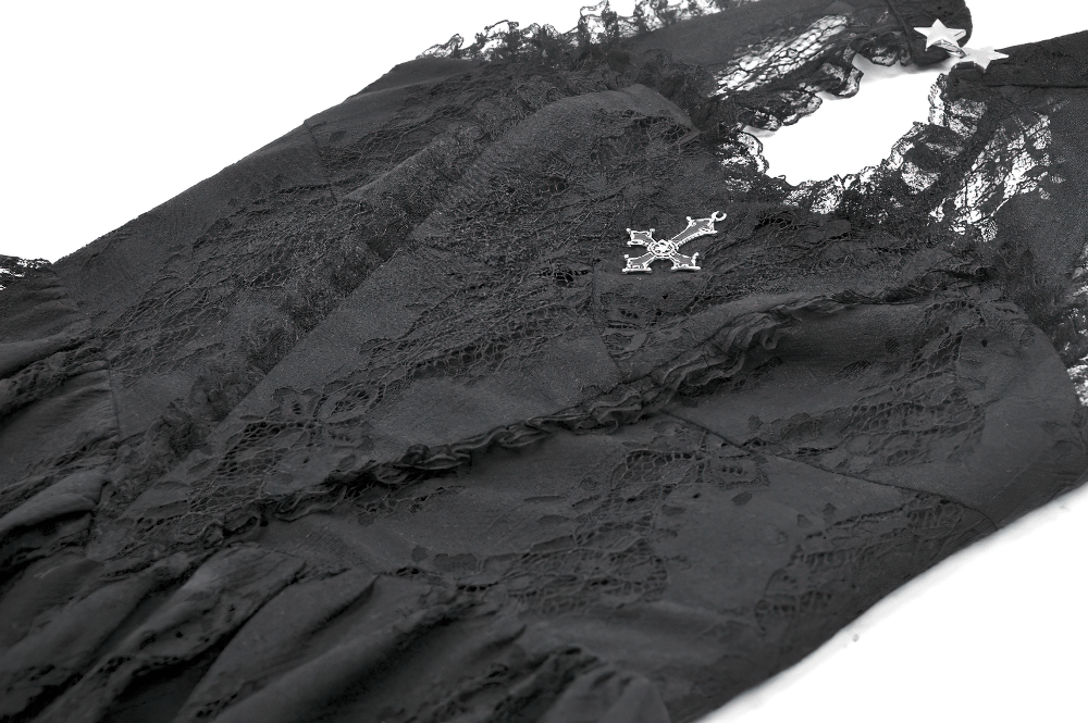 Gothic lace halter dress showcasing keyhole neckline, floral lace overlay, and silver gothic emblem in dark fabric.