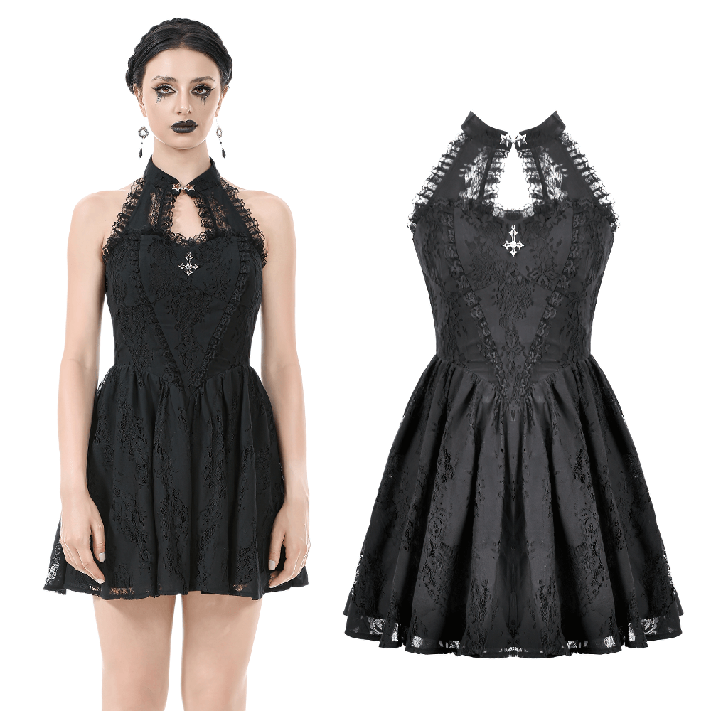 Gothic lace halter dress with keyhole neckline and flared A-line skirt, perfect for dark romantic style lovers.