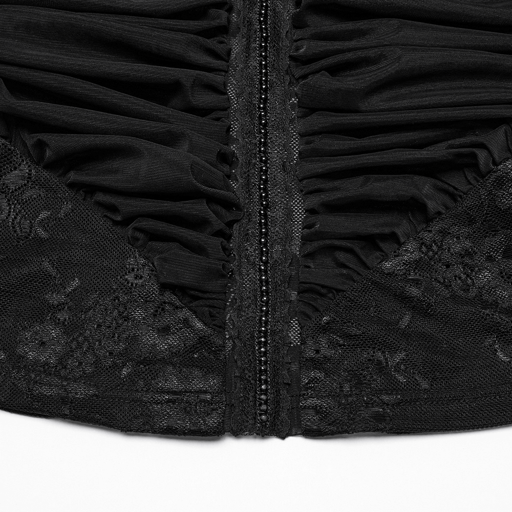 Close-up of gothic lace halter neck top showcasing pleated fabric and decorative lace details with an invisible zipper.