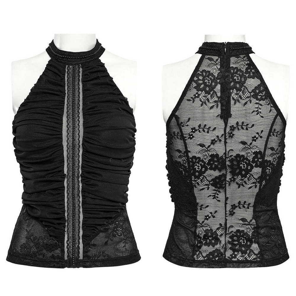 Elegant black gothic halter neck top with pleats and lace detailing, featuring an invisible zipper for stylish wear.