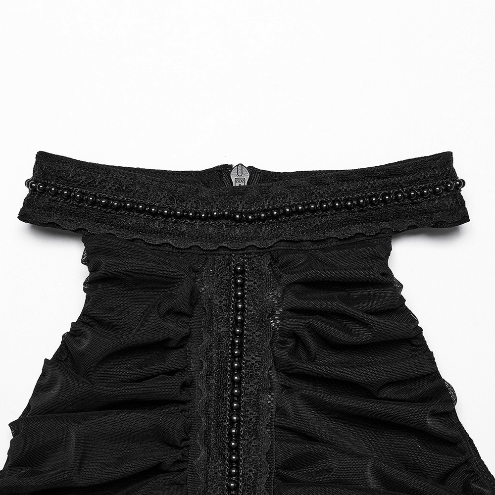 Close-up of Gothic lace halter neck top showing decorative lace and pleated detailing with invisible zipper.