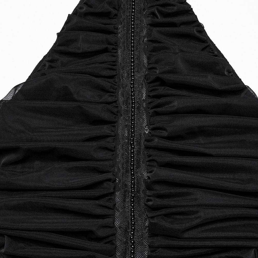 Close-up of Gothic lace halter neck top showing pleated black fabric and invisible zipper detail.