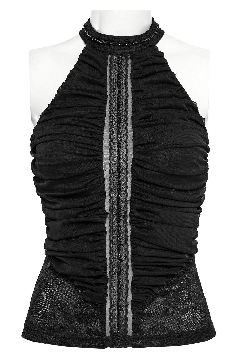 Gothic lace halter neck top with pleated details and lace trim, perfect for edgy yet elegant style.