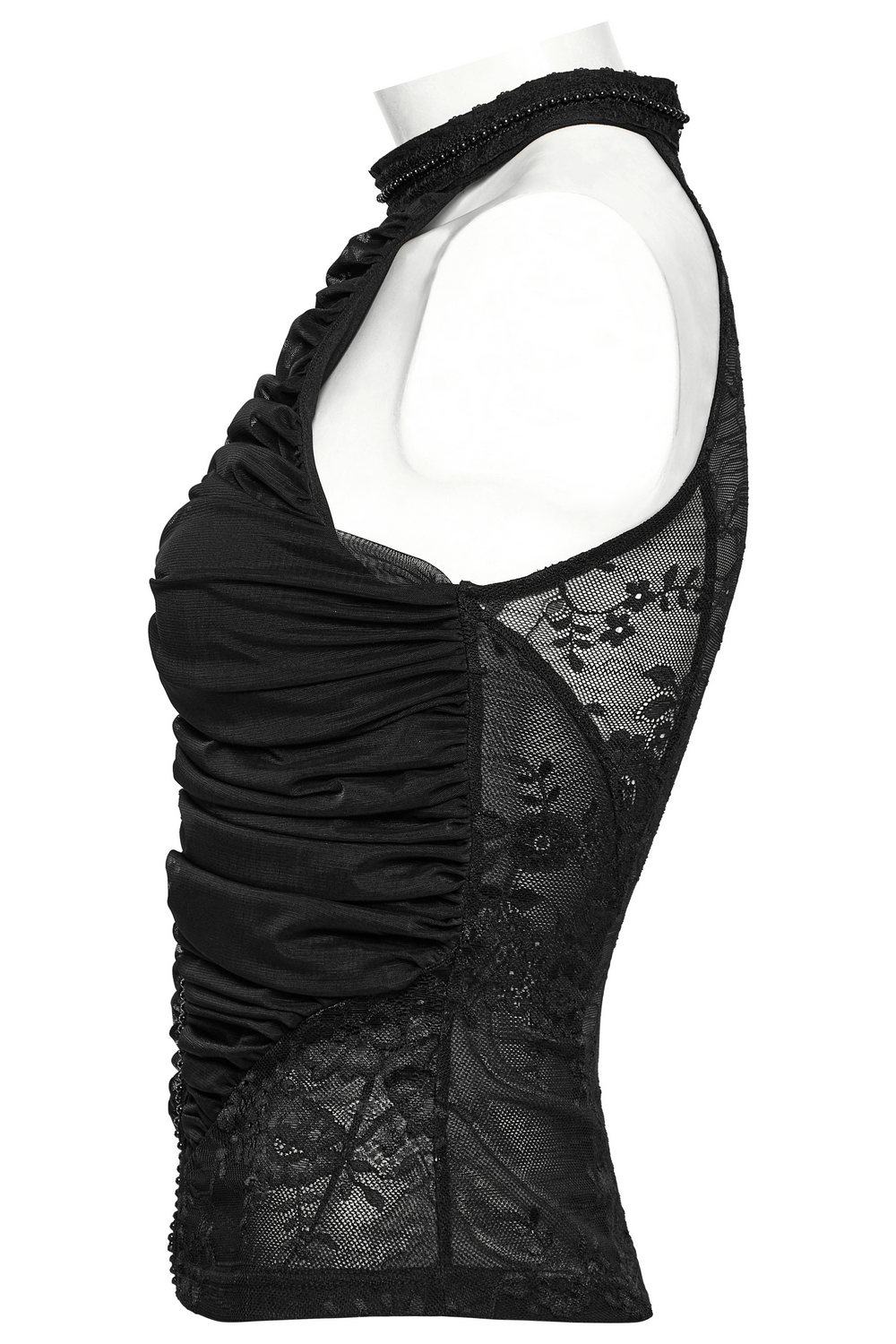 Gothic lace halter neck top featuring pleated detailing and elegant mesh for a bold silhouette.