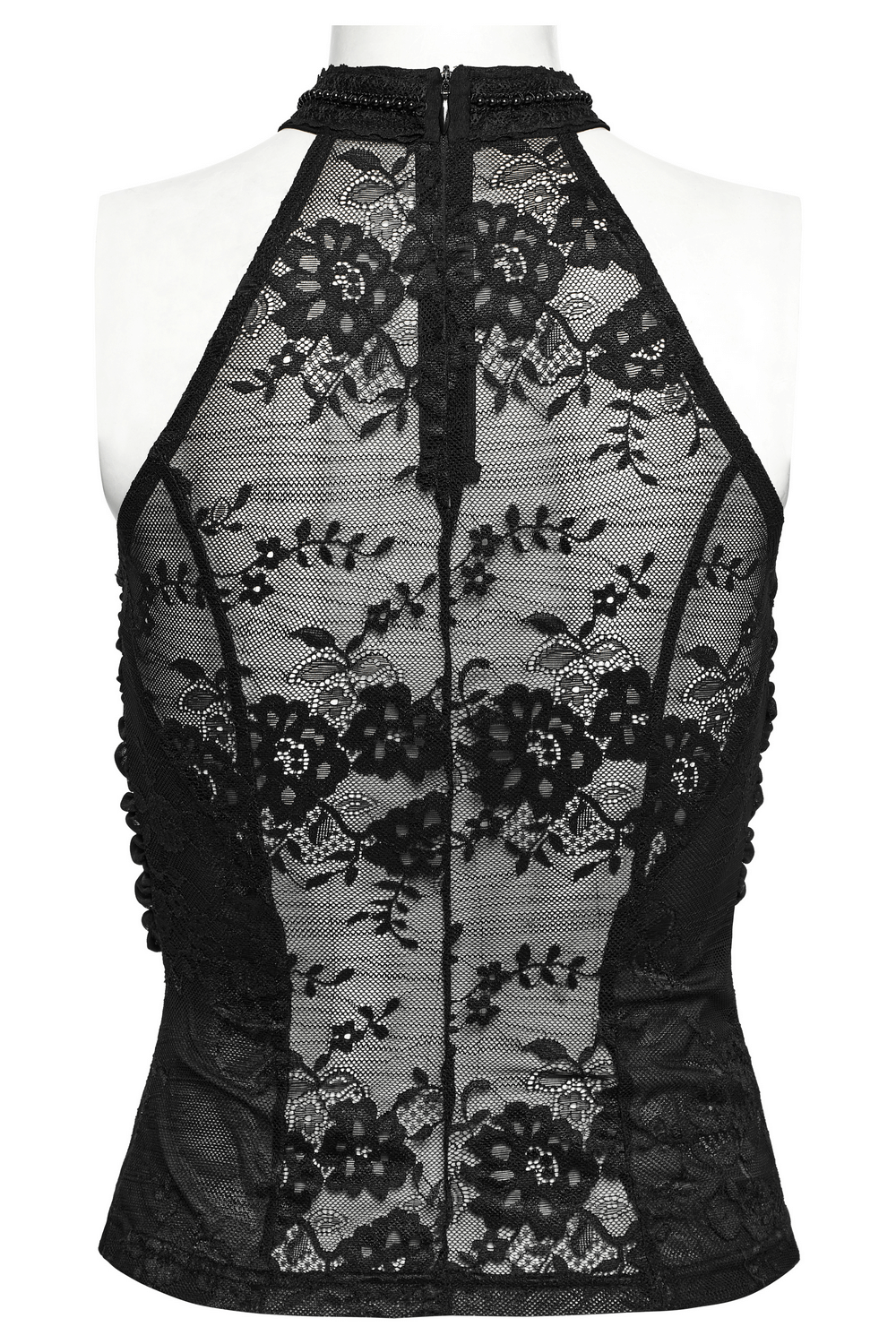 Back view of Gothic lace halter neck top showcasing intricate floral lace detailing and pleated design.