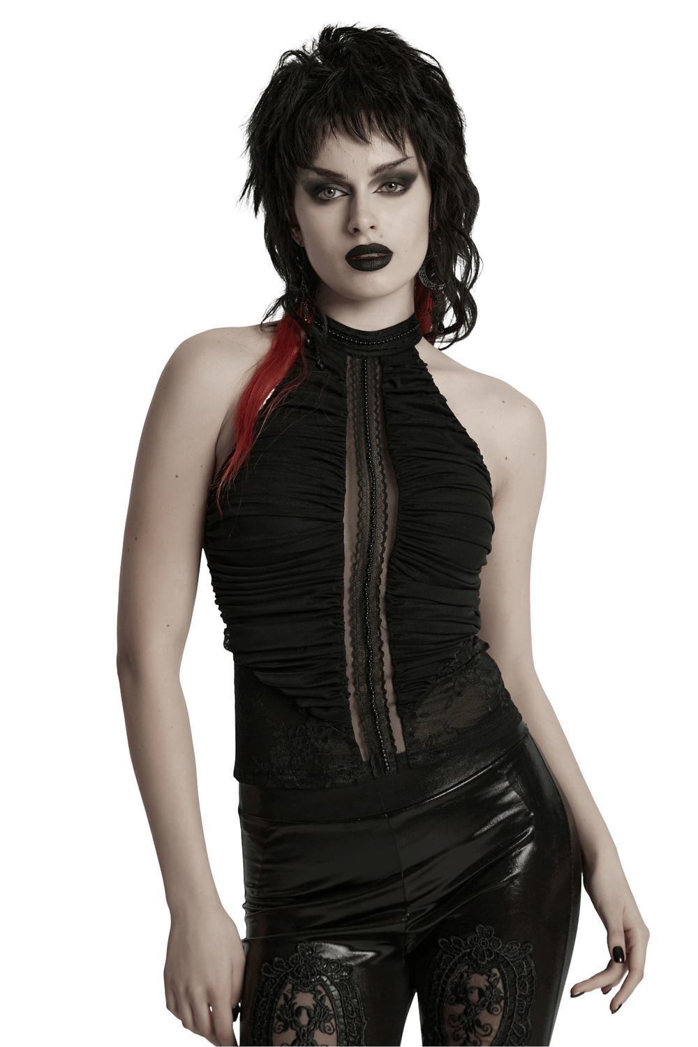 Chic model in a Gothic lace halter neck top with pleats and edgy makeup, showcasing a striking gothic fashion look.