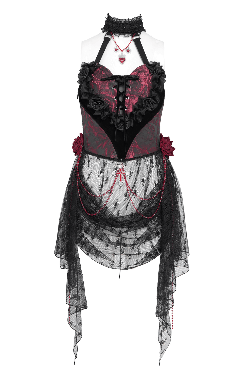 Gothic lace halter top featuring velvet roses and beaded chains, perfect for dark fashion lovers.
