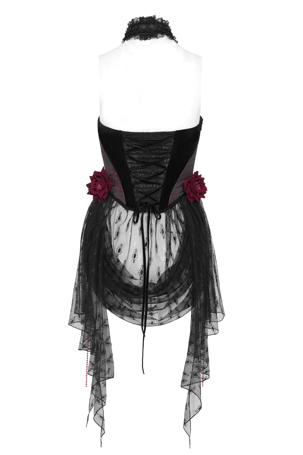 Elegant Gothic halter top with lace-up back, velvet roses, and flowing black skirt with beaded chains.