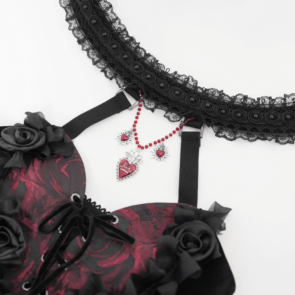 Black lace halter top with burgundy velvet roses and gothic heart pendant necklace.