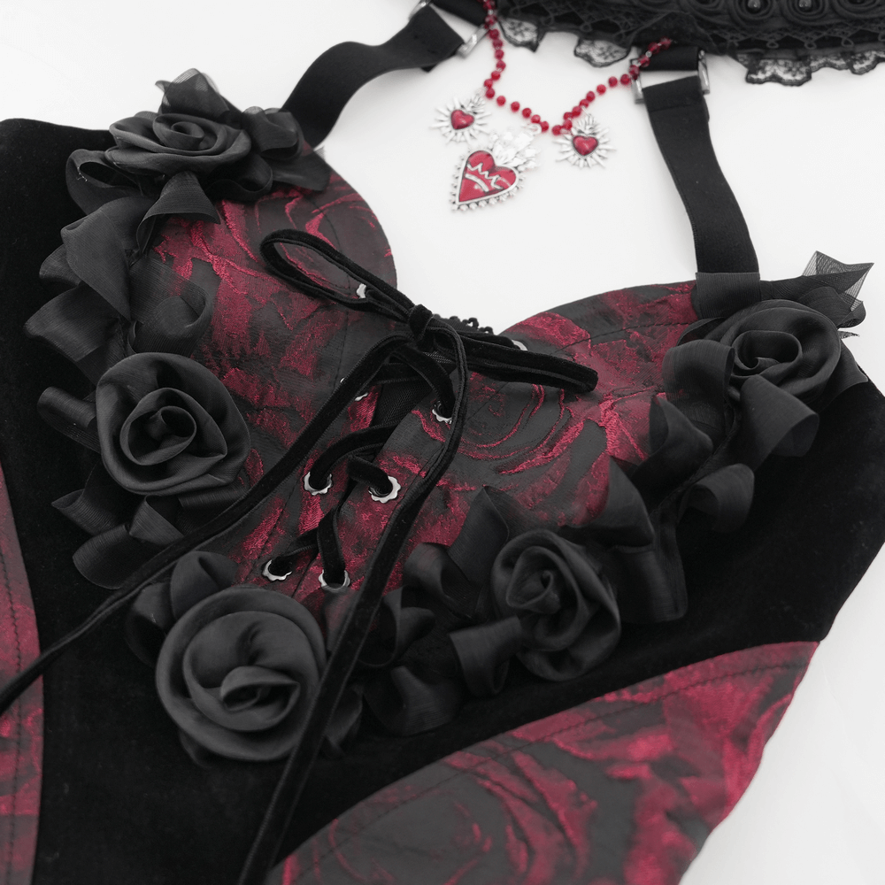 Elegant black gothic lace halter top adorned with burgundy roses and beaded chains, perfect for gothic fashion lovers.