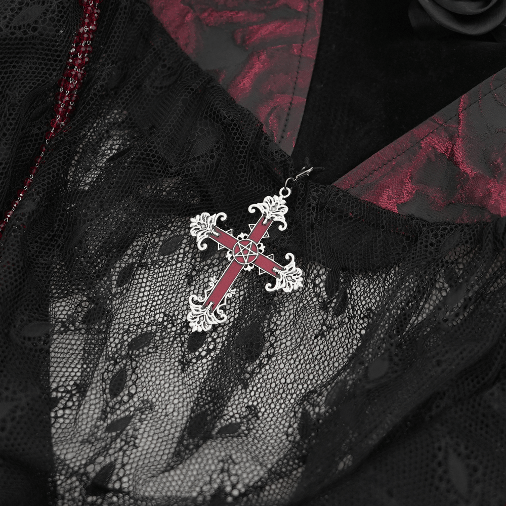 Gothic lace top featuring a red and silver cross pendant, embodying elegance and dark allure for gothic fashion lovers.