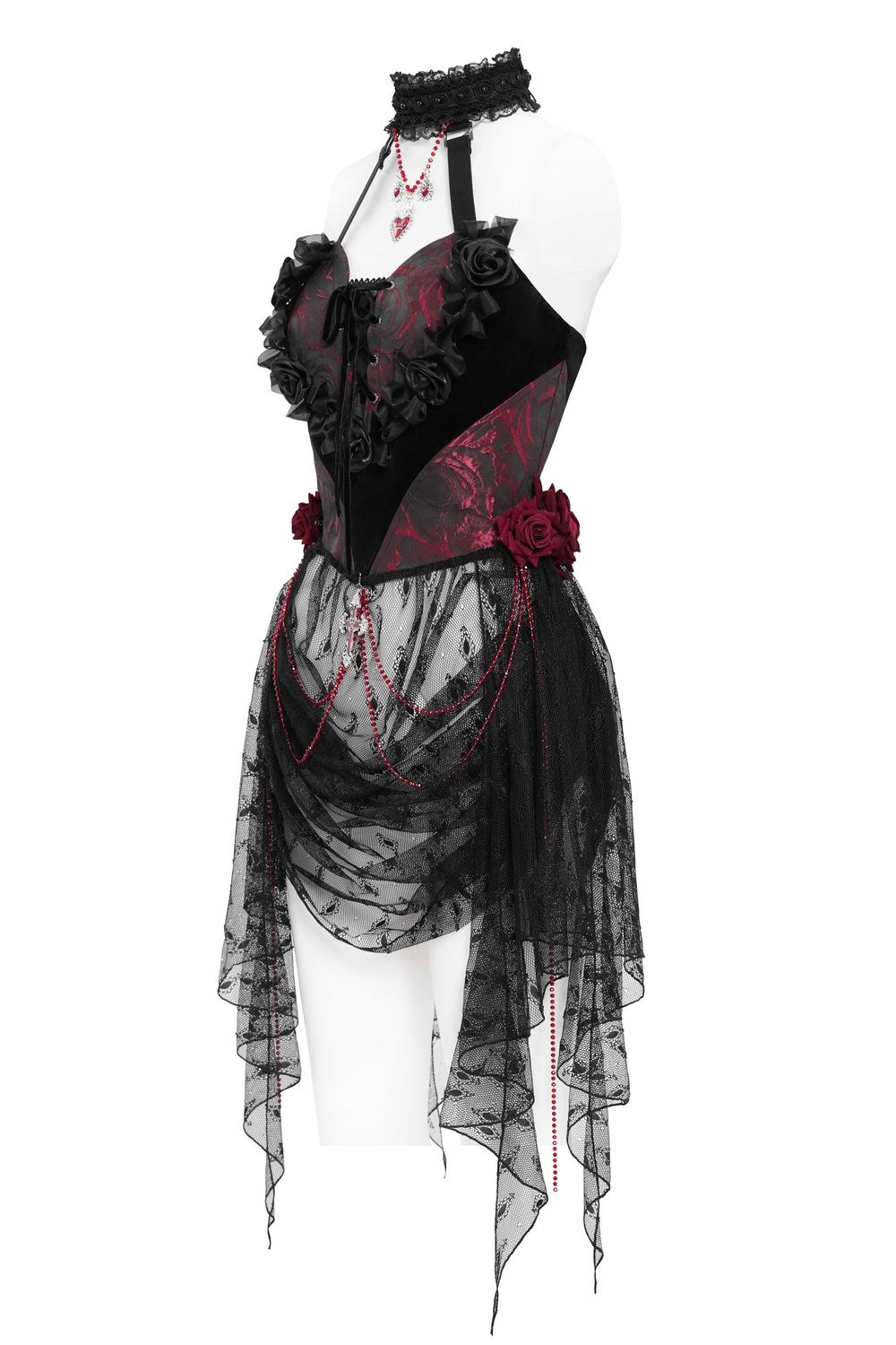 Gothic lace halter top with velvet roses, chains, and flowing skirt, perfect for dark fashionistas.