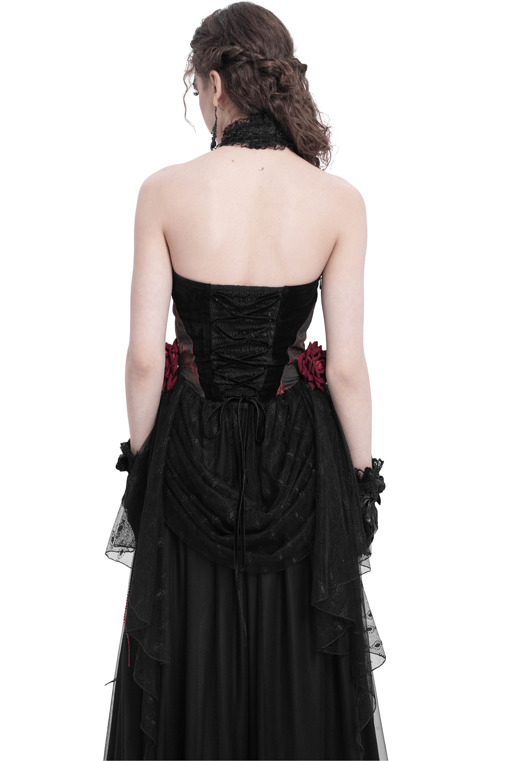 Back view of a Gothic lace halter top featuring velvet roses and beaded chains, perfect for a dark, elegant look.
