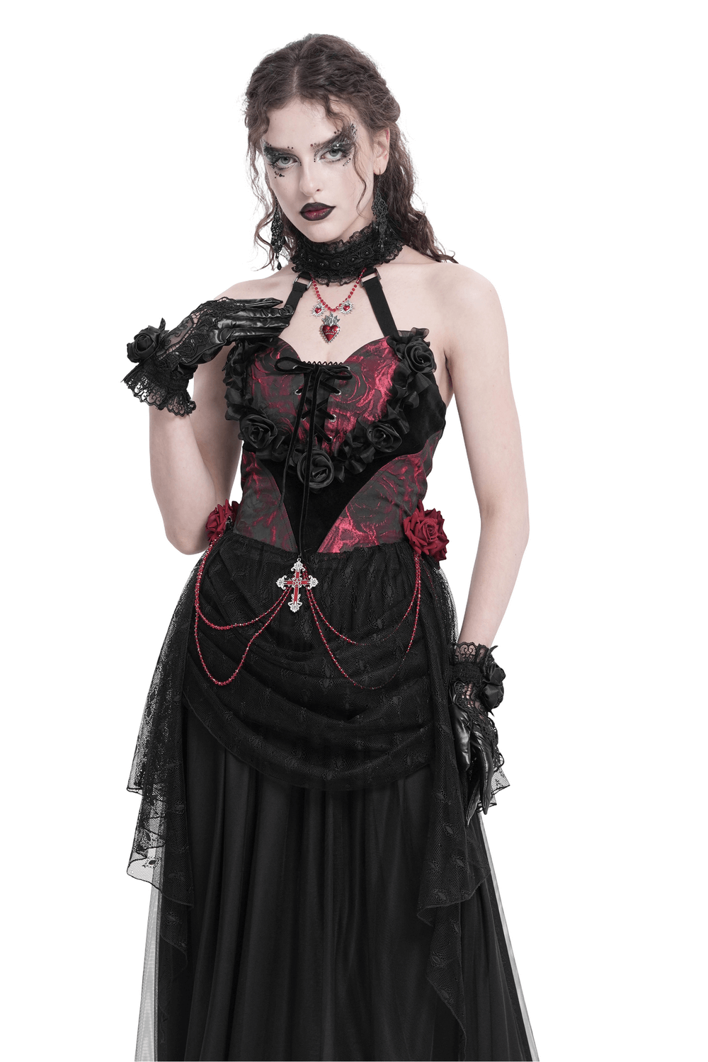 Gothic lace halter top with velvet roses and chains, model showcasing elegant dark fashion.