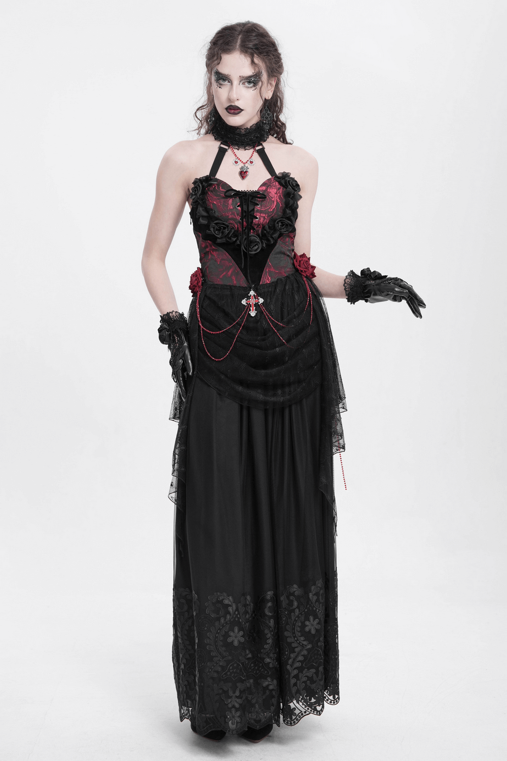 Gothic lace halter top with roses, chains, and flowing skirt, perfect for dark fashion lovers.