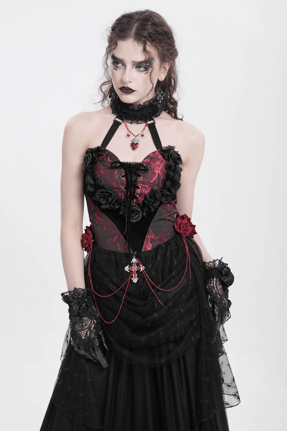 Gothic lace halter top with velvet roses and chains, perfect for dark fashion lovers, showcasing intricate detailing.