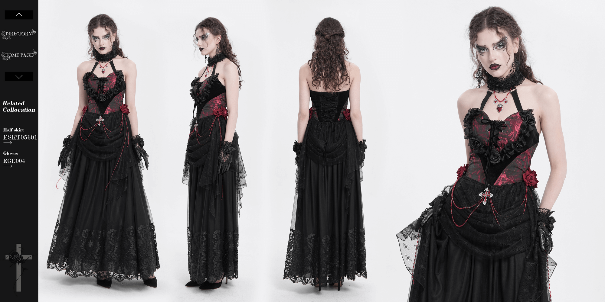 Elegant gothic lace halter top featuring velvet roses and beaded chains, perfect for dark fashion lovers.