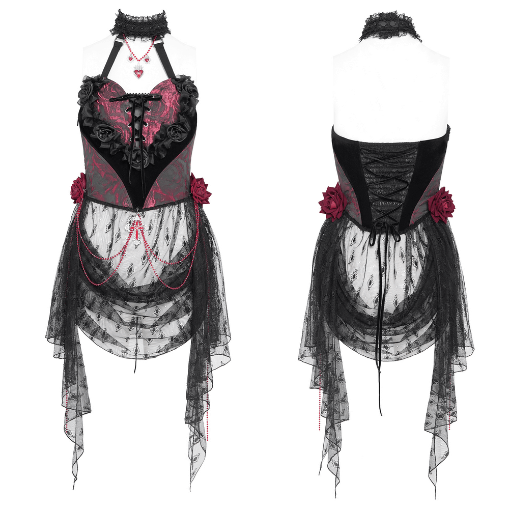 Gothic lace halter top with burgundy roses, intricate lace, and beaded chains, perfect for dark fashion lovers.
