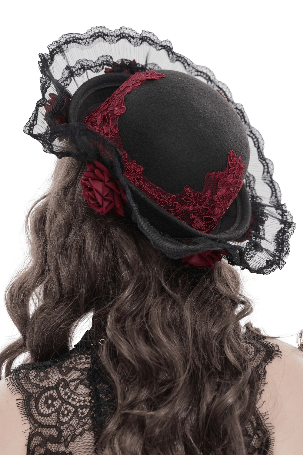 Gothic Lace Hat with Burgundy Roses and Veil Trim showcased from the back, featuring black lace and red rose accents.