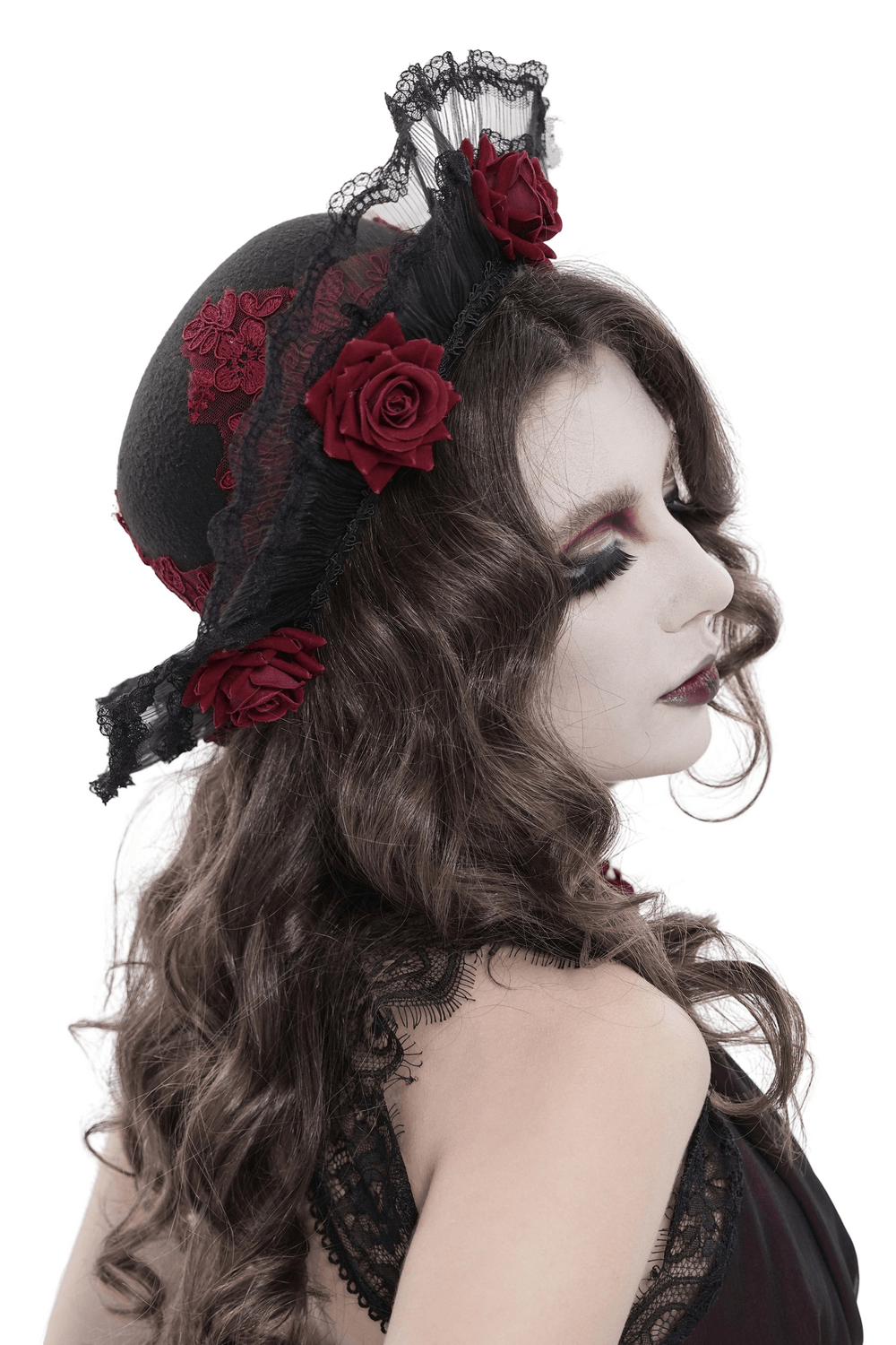 Gothic Lace Hat with Burgundy Roses and Veil Trim worn by a model, showcasing its dramatic design and vintage style.