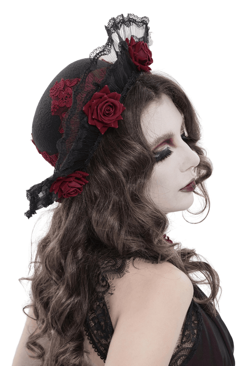 Chapeau en Dentelle Gothique avec Roses Bordeaux et Voile