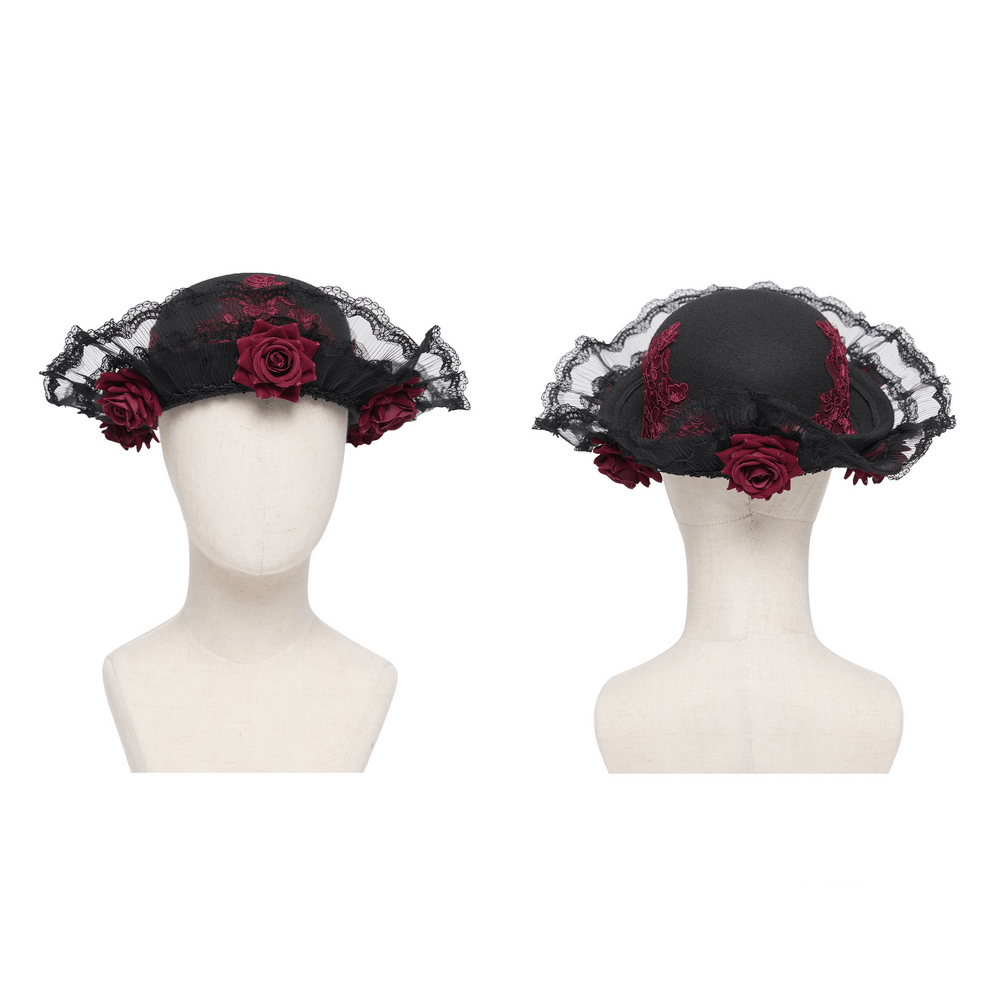 Gothic Lace Hat with Burgundy Roses and Veil Trim, featuring black lace and red floral accents for a dramatic look.
