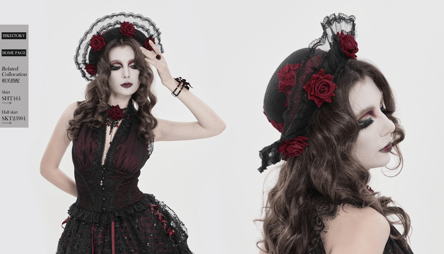 Gothic Lace Hat with Burgundy Roses and Veil Trim, featuring black lace, red roses, and a dramatic vintage silhouette.