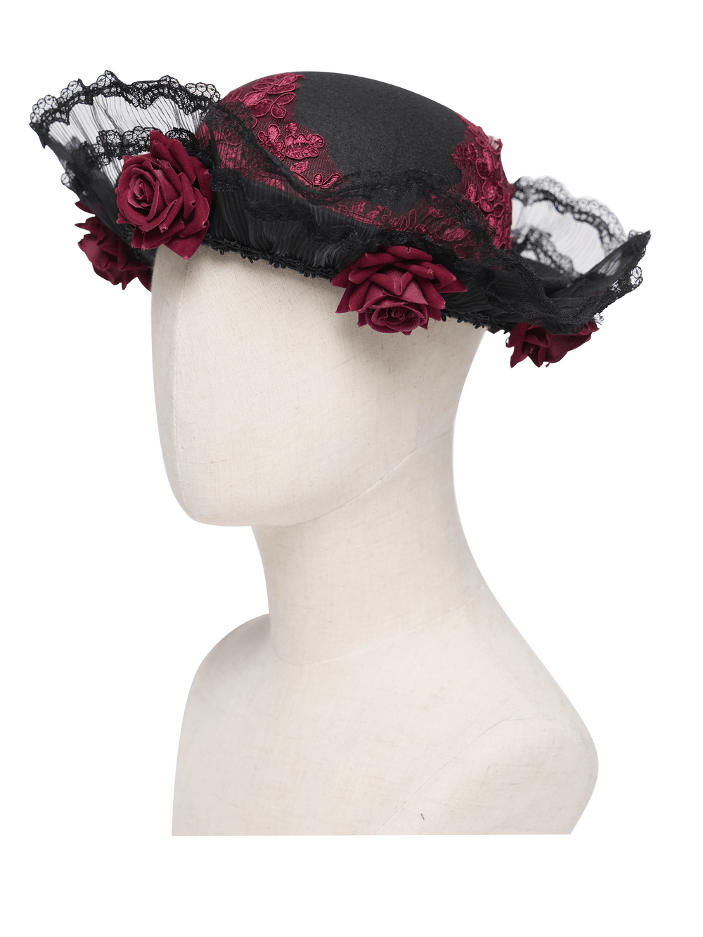 Gothic Lace Hat with Burgundy Roses and Veil Trim showcasing black lace, burgundy roses, and red embroidery details.