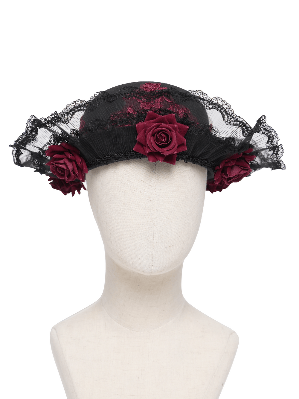 Gothic Lace Hat with Burgundy Roses and Veil Trim featuring black lace, burgundy roses, and ruffle trim.