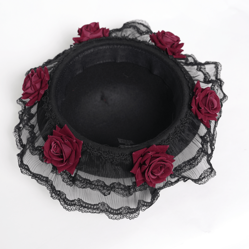 Gothic Lace Hat with Burgundy Roses and Veil Trim showcasing burgundy rose accents and black lace ruffle trim.