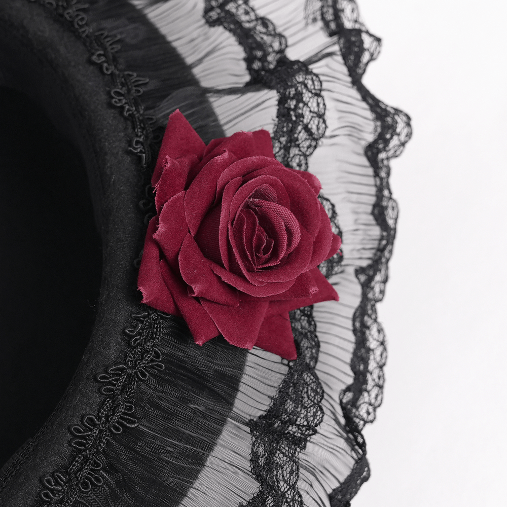 Gothic Lace Hat with Burgundy Roses and Veil Trim showing black lace and burgundy rose embellishment.