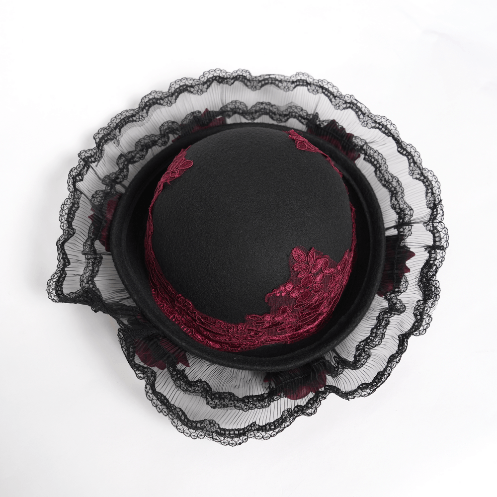 Gothic Lace Hat with Burgundy Roses and Veil Trim featuring red embroidery and black lace trim for a vintage look.