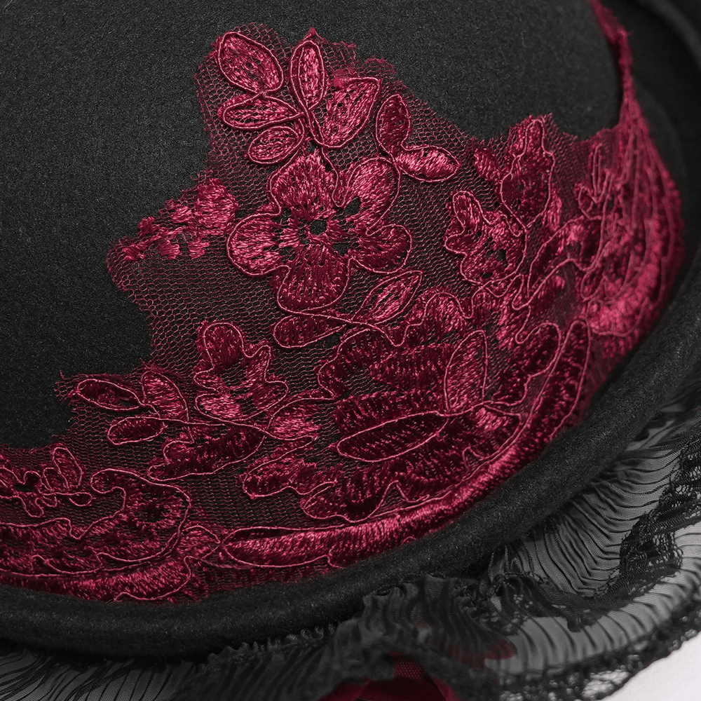 Gothic Lace Hat with Burgundy Roses and Veil Trim featuring intricate red embroidery on black lace.