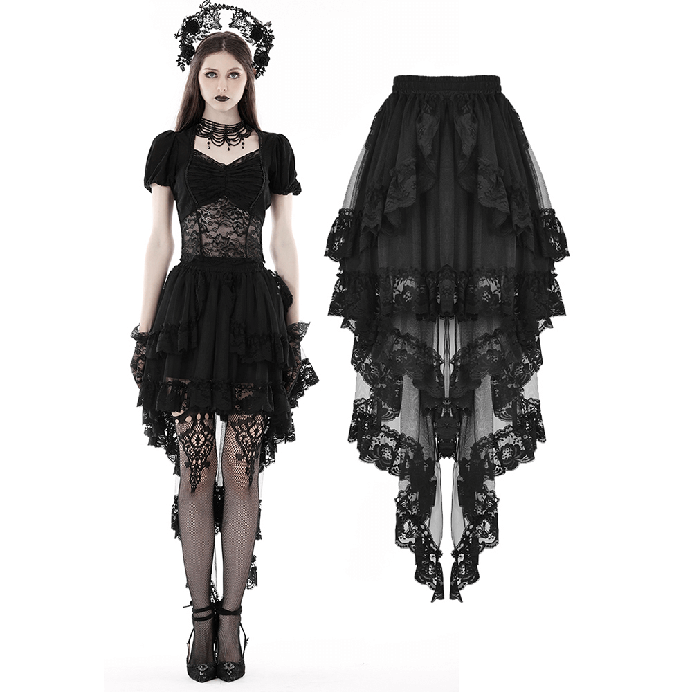 Gothic lace hi-low skirt with dramatic swallowtail hem, perfect for dark elegance and alternative fashion.