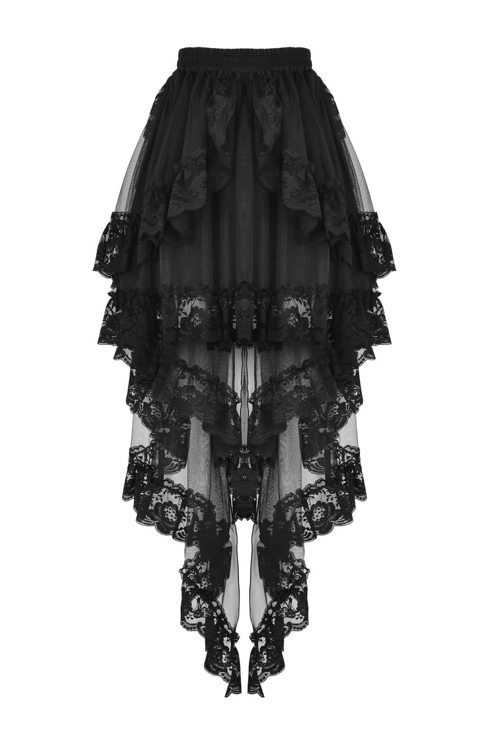 Black Gothic lace hi-low skirt with dramatic swallowtail hem for dark elegance.