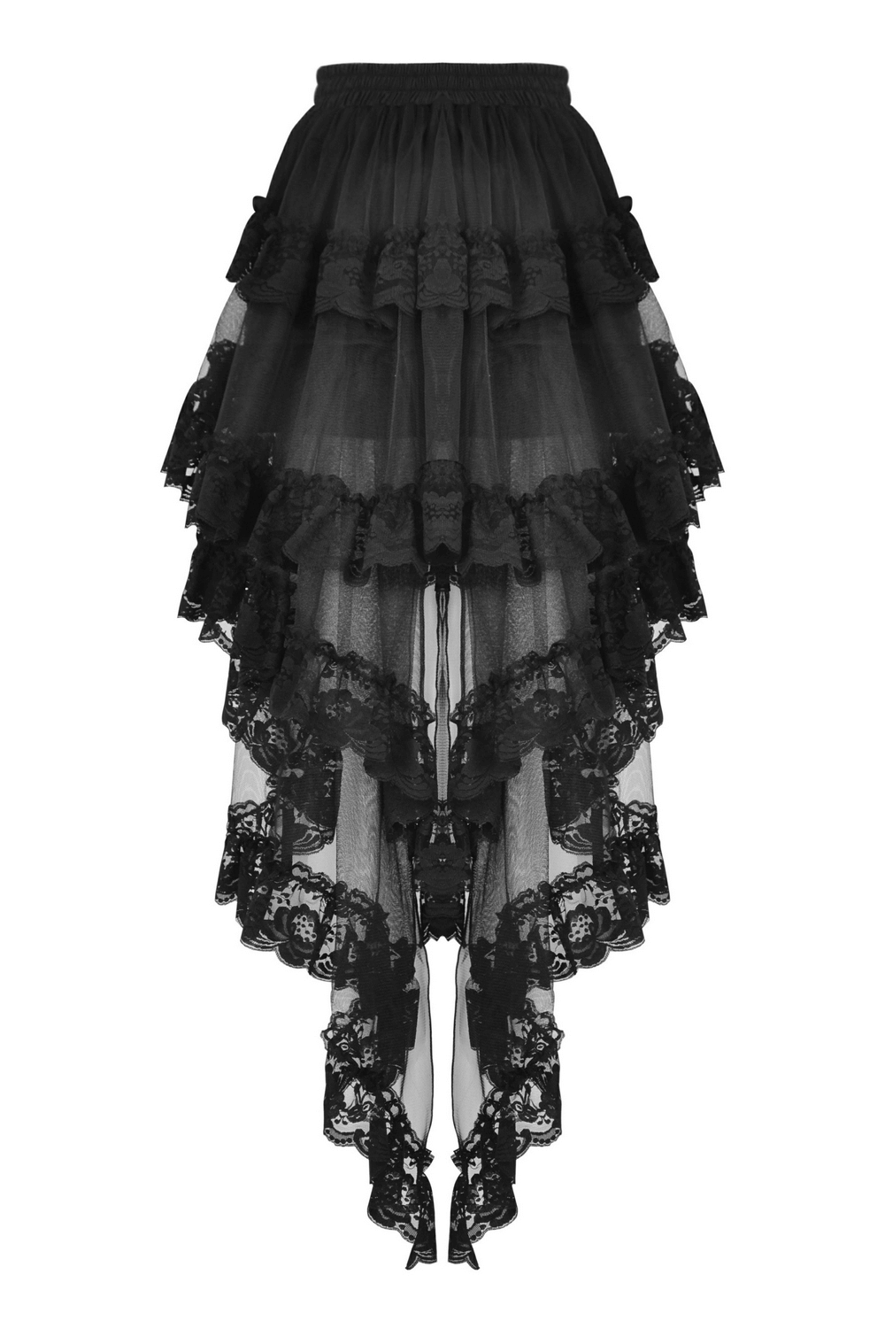 Gothic lace hi-low skirt with dramatic swallowtail hem, perfect for dark elegance and alternative fashion.