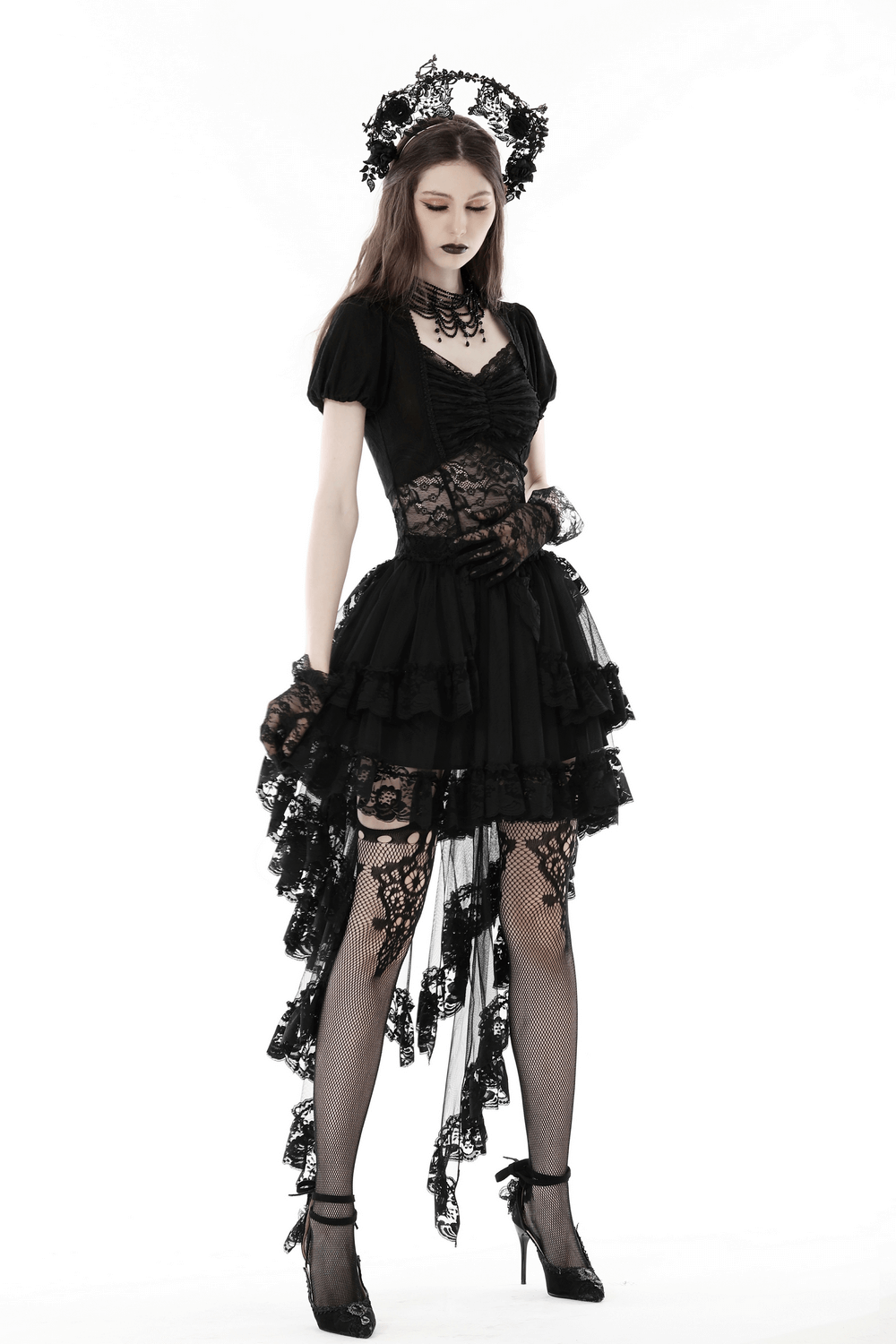 Gothic Lace Hi-Low Skirt with Dramatic Swallowtail Hem