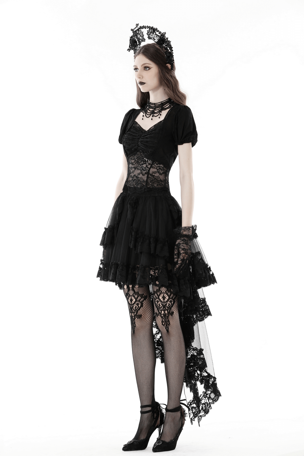Gothic Lace Hi-Low Skirt with Dramatic Swallowtail Hem