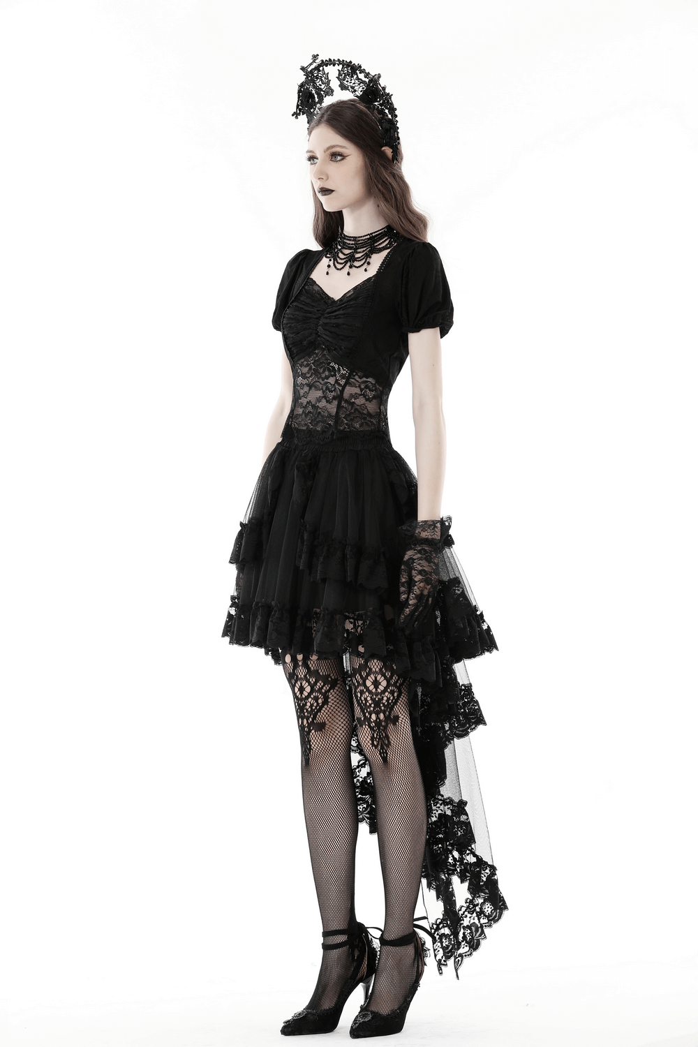 Gothic lace hi-low skirt with dramatic swallowtail hem, perfect for dark alternative fashion enthusiasts.