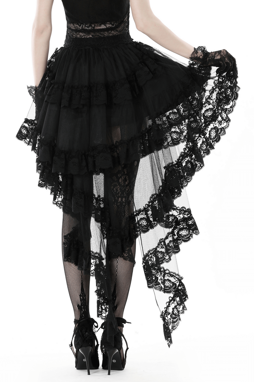 Gothic lace hi-low skirt with dramatic swallowtail hem, showcasing dark elegance and a captivating silhouette.