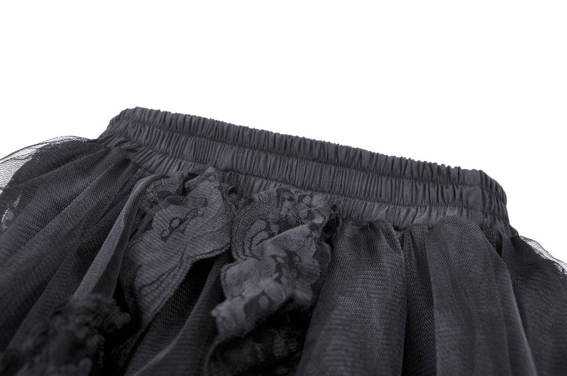 Close-up of gothic lace hi-low skirt with delicate black lace detailing and elastic waistband, showcasing dark elegance.