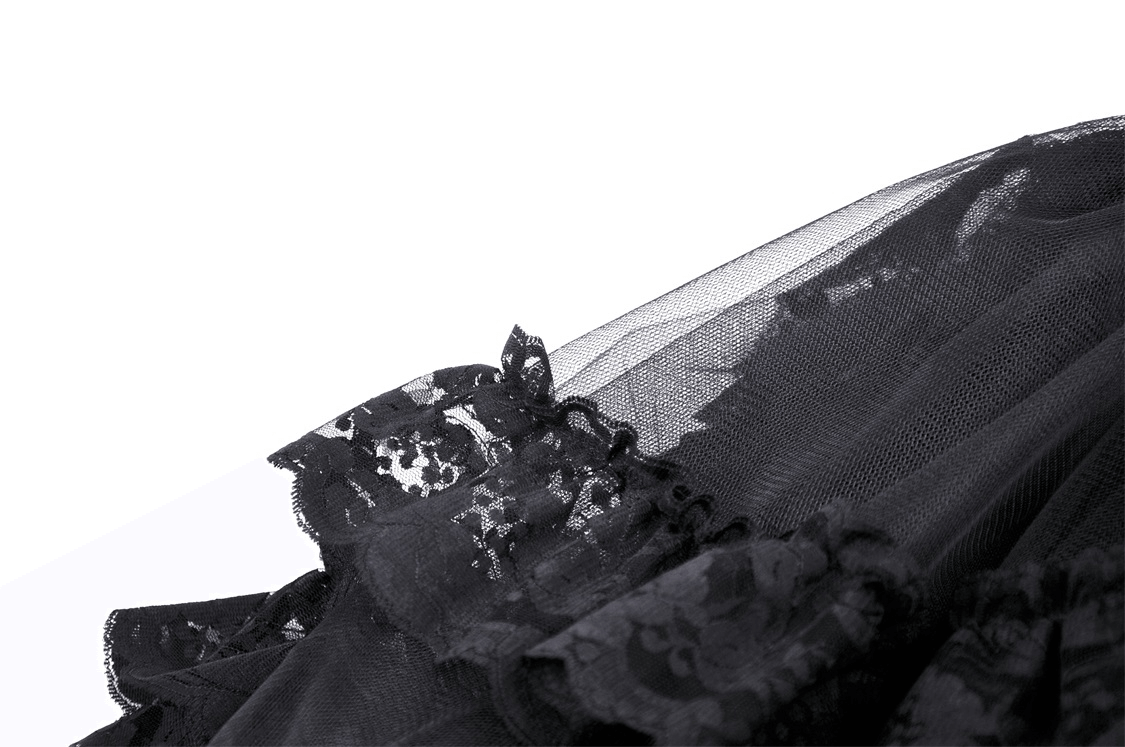 Close-up of gothic lace mesh skirt showcasing delicate lace trim and airy texture for dark elegance.