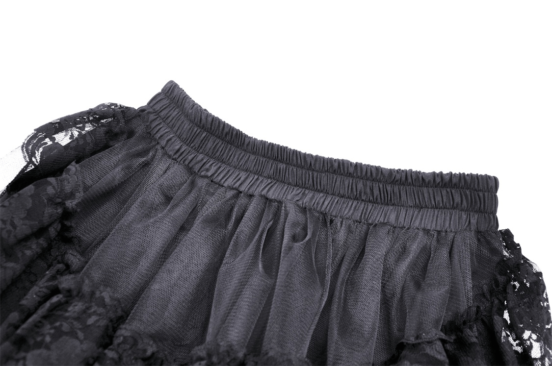 Close-up of Gothic Lace Hi-Low Skirt's elastic waistband and delicate lace details for dark elegance.