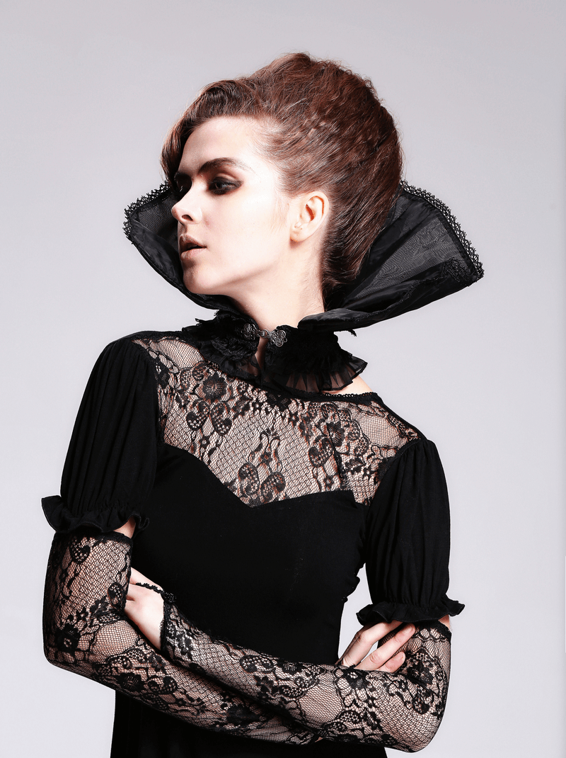 Stylish woman wearing a Gothic lace high collar, showcasing vintage elegance and creative flair in her outfit.