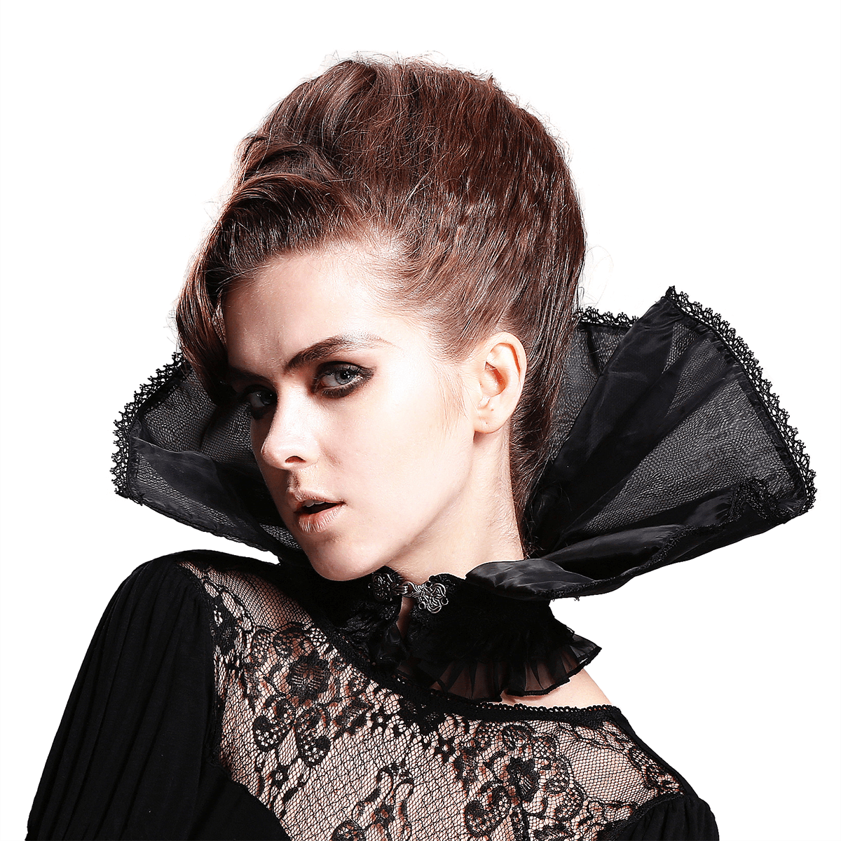 Model showcasing a gothic lace high collar in black, featuring vintage frills and intricate design details.