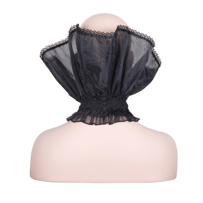 Gothic lace high collar for women, black vintage frilled ruff collar profile view, adding elegance to any outfit.