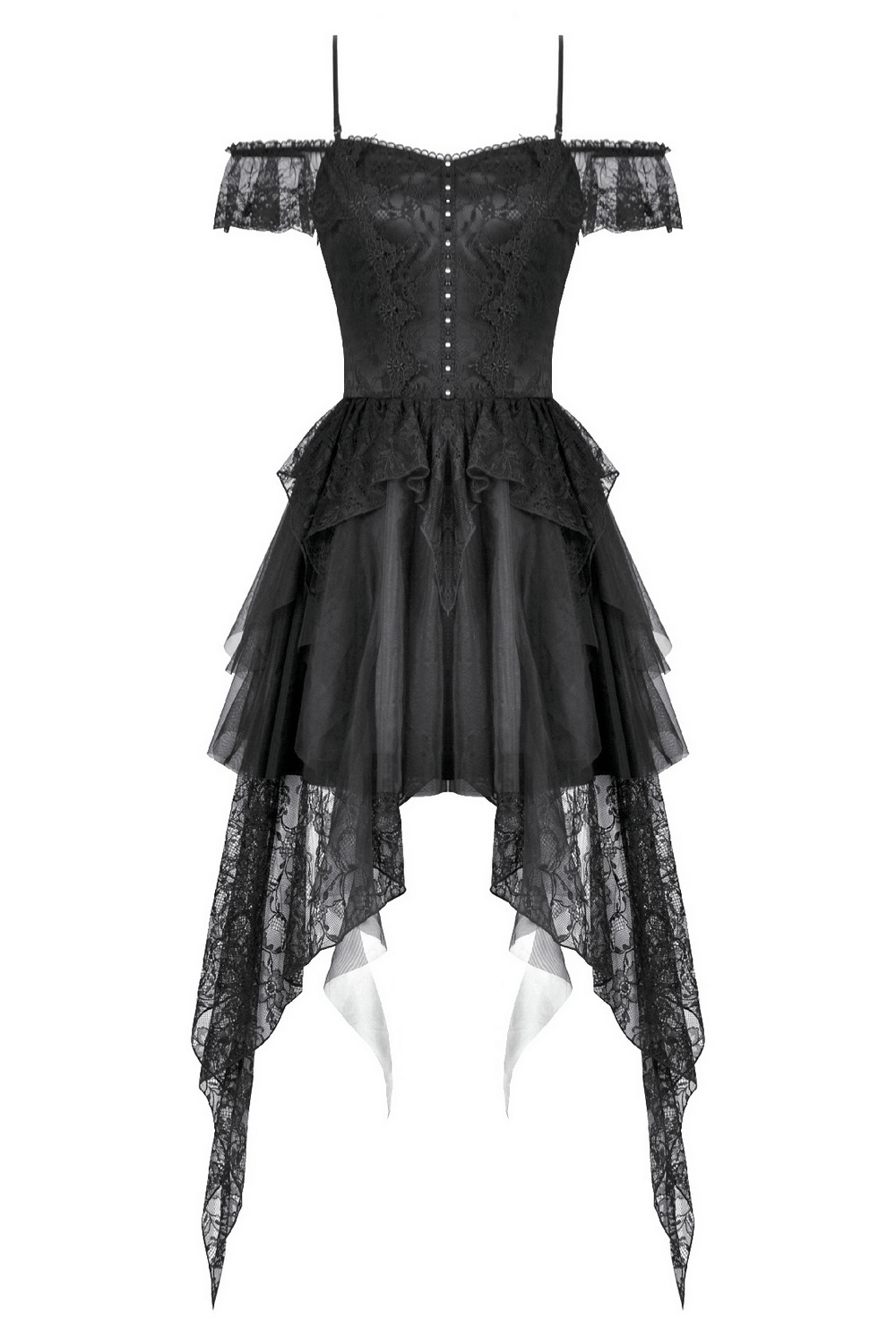 Gothic Lace High Low Corset Dress with Tulle Skirt featuring off-shoulder lace sleeves and a dramatic high-low hem.