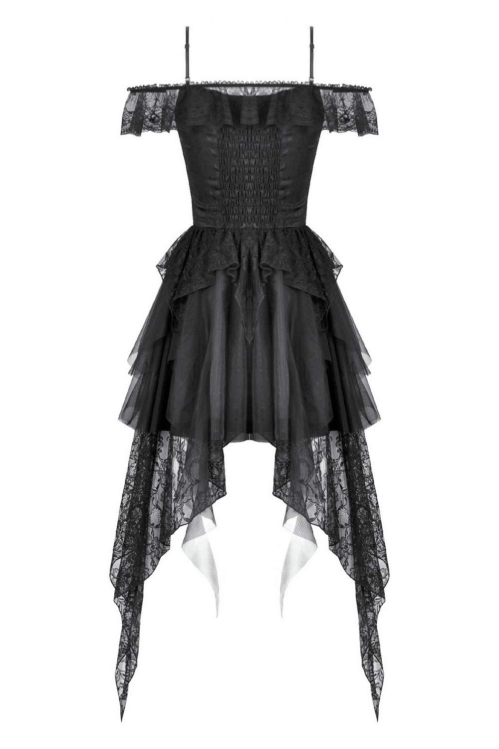 Gothic Lace High Low Corset Dress with Tulle Skirt featuring off-shoulder sleeves and layered tulle for dramatic flair.