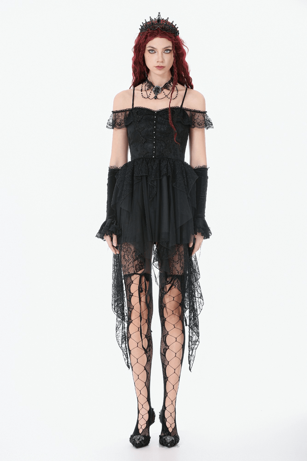 Gothic Lace High Low Corset Dress with Tulle Skirt, showcasing black off-shoulder design and dramatic lace details.