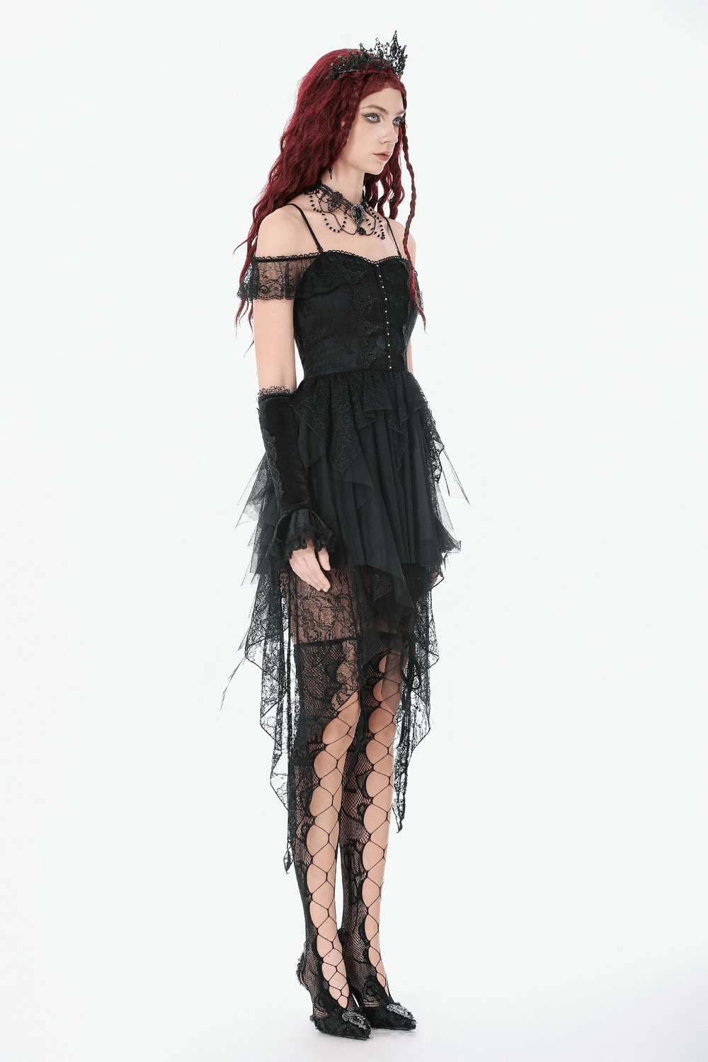 Gothic Lace High Low Corset Dress with Tulle Skirt side view featuring off-shoulder design and layered tulle skirt.